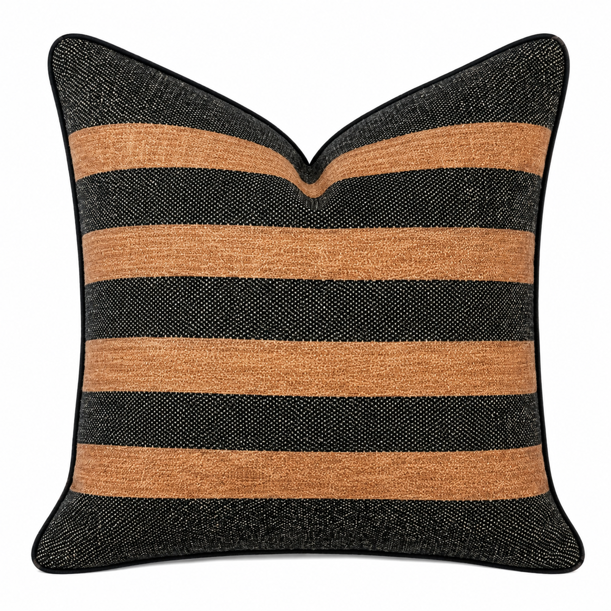 Tobacco Weave Cushion 50x50cm featuring handwoven cotton with rich tobacco and charcoal horizontal stripes finished with tailored black piping.