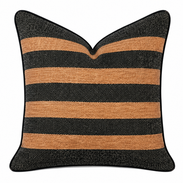 Tobacco Weave Cushion 50x50cm featuring handwoven cotton with rich tobacco and charcoal horizontal stripes finished with tailored black piping.