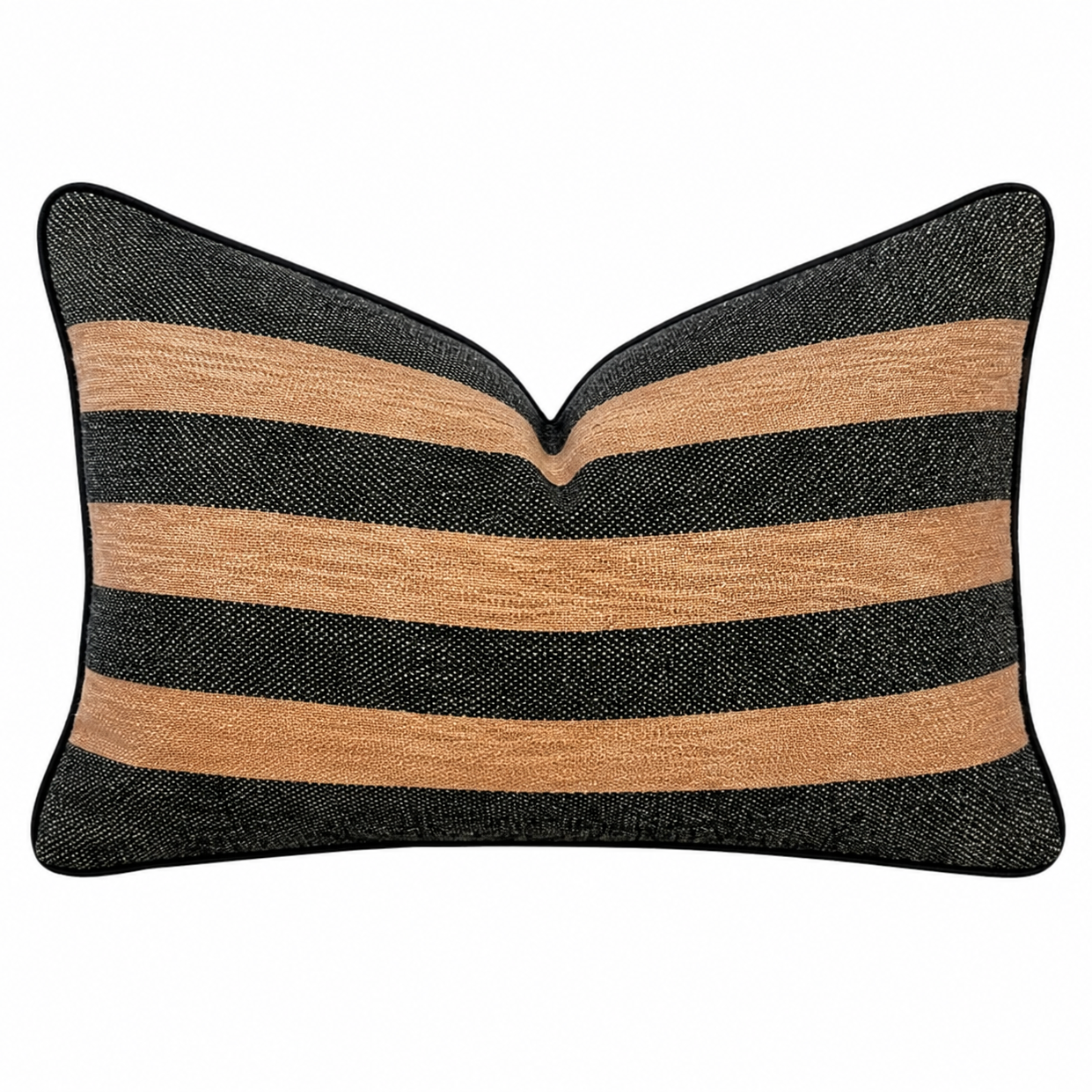 Tobacco Weave Lumbar Cushion 30x50cm featuring handwoven cotton with warm tobacco and charcoal horizontal stripes finished with black piping.