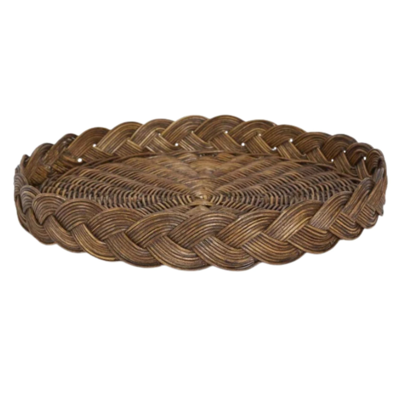 Twill Rattan Tray Brown round handwoven rattan tray with decorative braided edge