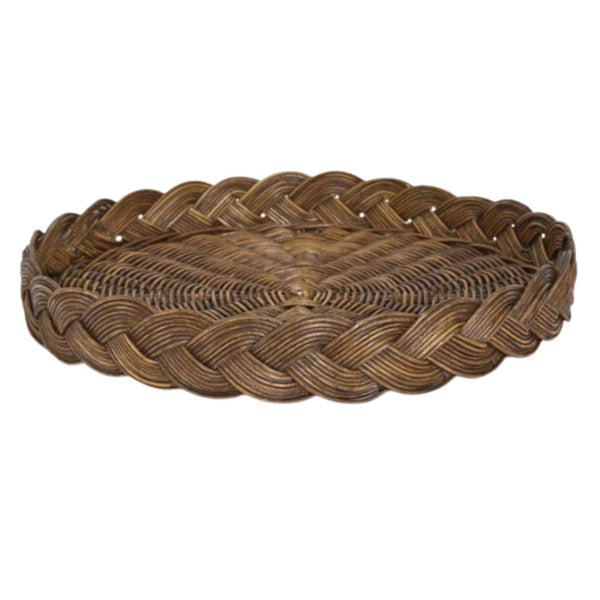 Twill Rattan Tray Brown round handwoven rattan tray with decorative braided edge