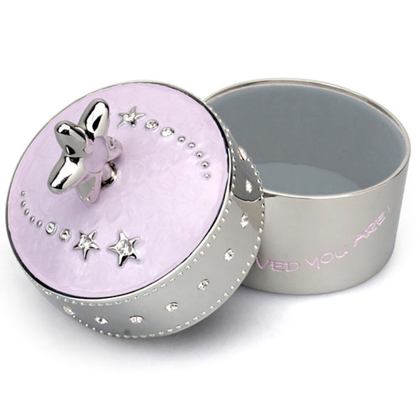 Twinkle Twinkle Pink Baby Musical Keepsake Box with pink enamel lid, crystal detailing and butterfly music winder playing Twinkle Twinkle Little Star.
