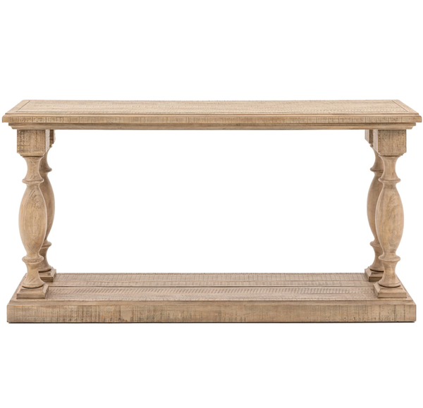 Vancouver natural timber console table with elegant turned legs and lower display shelf.