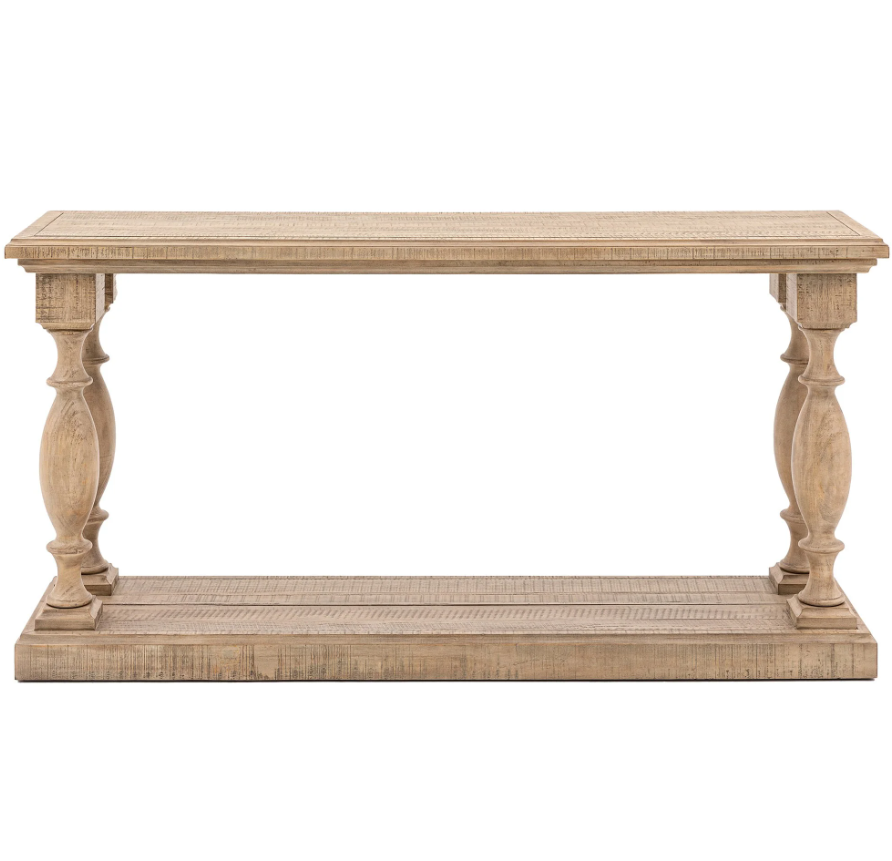Vancouver natural timber console table with elegant turned legs and lower display shelf.