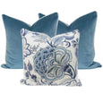 Blue velvet and floral Hamptons style cushion bundle styled together