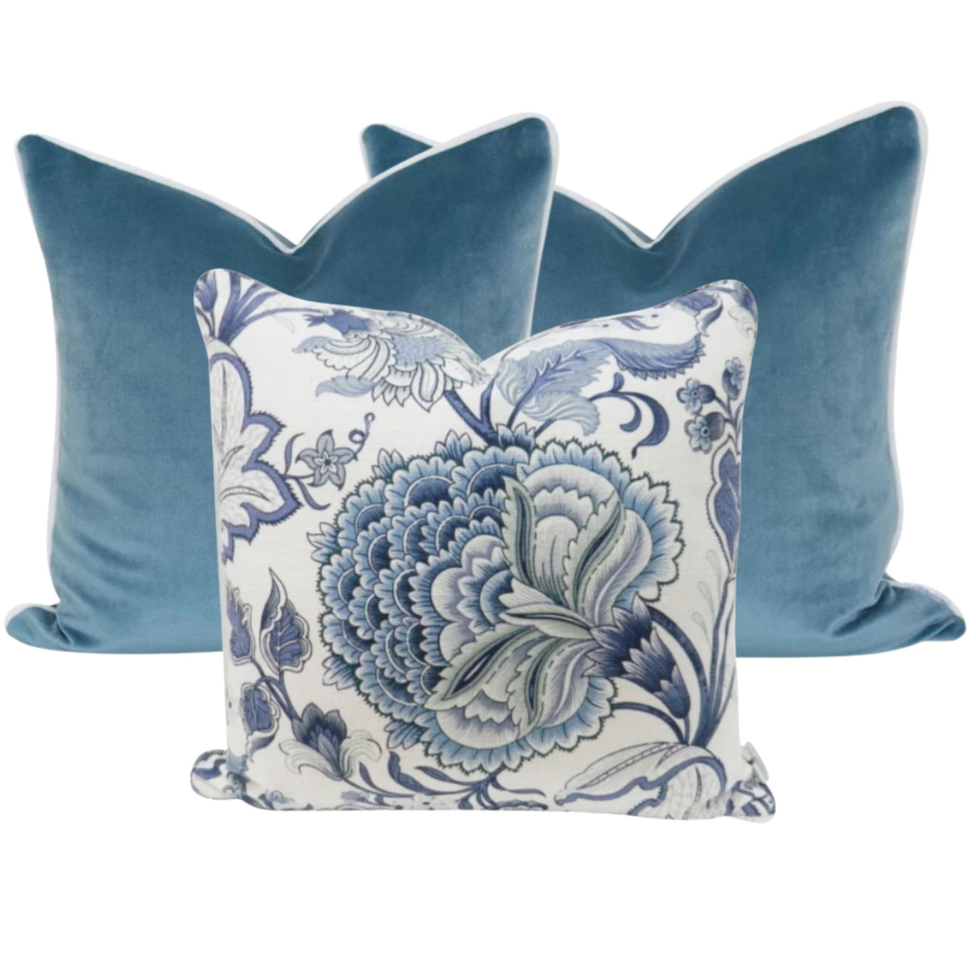 Blue velvet and floral Hamptons style cushion bundle styled together