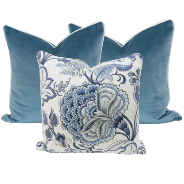 Blue velvet and floral Hamptons style cushion bundle styled together