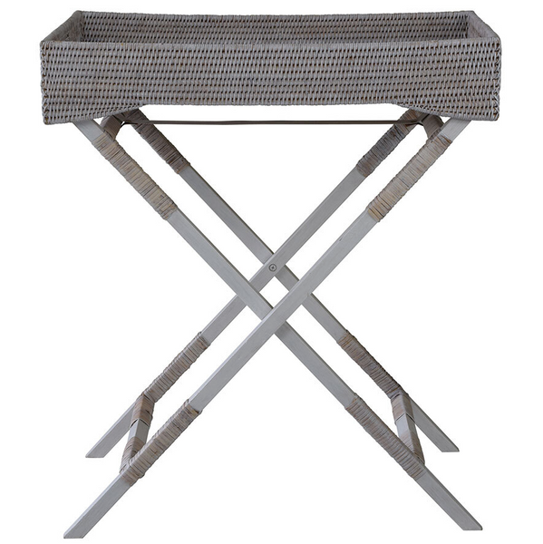 Verandah Butlers Tray in whitewashed rattan with foldable stand for coastal and Hamptons interiors