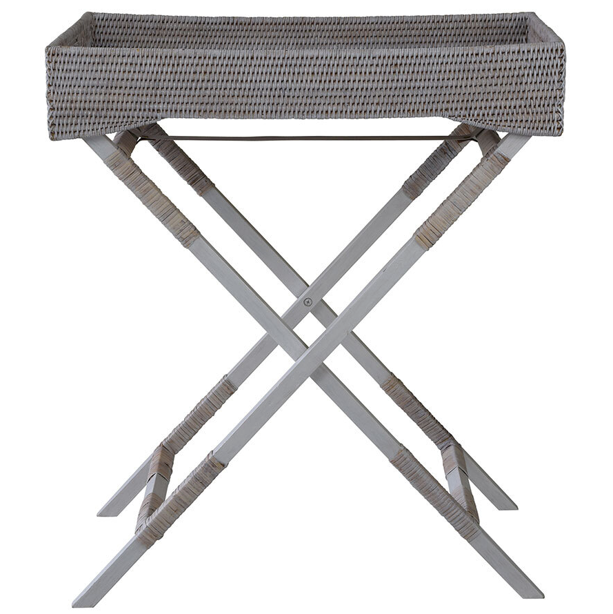 Verandah Butlers Tray in whitewashed rattan with foldable stand for coastal and Hamptons interiors