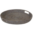 Verandah Round Rattan Tray Small 40cm featuring a muted natural woven finish, raised sides and integrated handles.