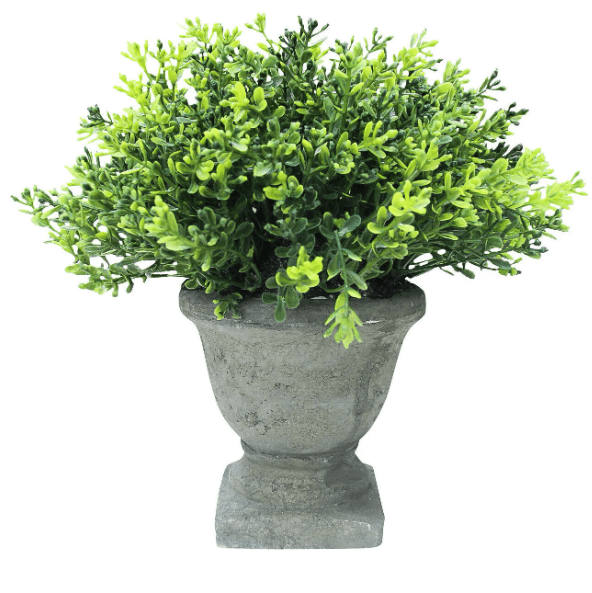 Verdant Urn Faux Topiary with realistic green foliage in a stone-look decorative urn planter