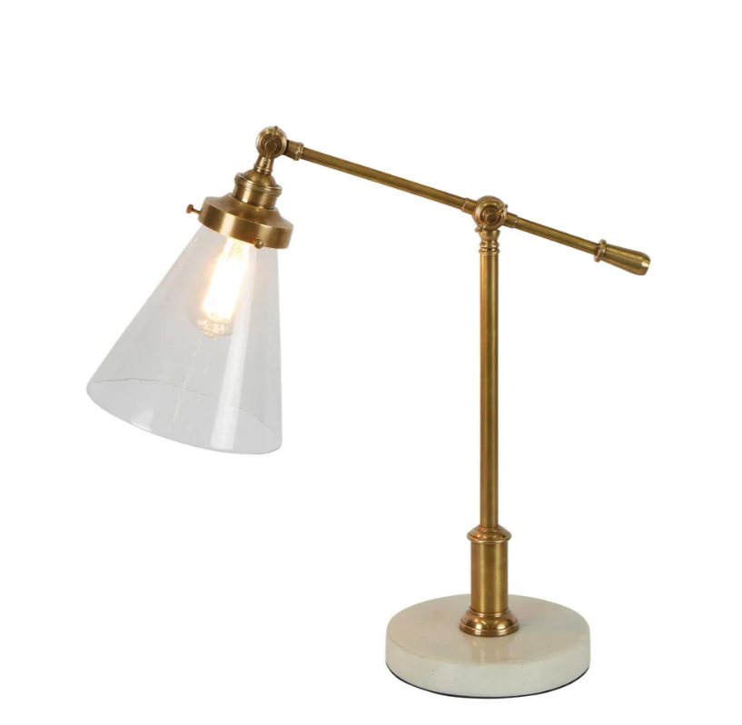 Verona marble and antique brass table lamp styled on a modern console table
