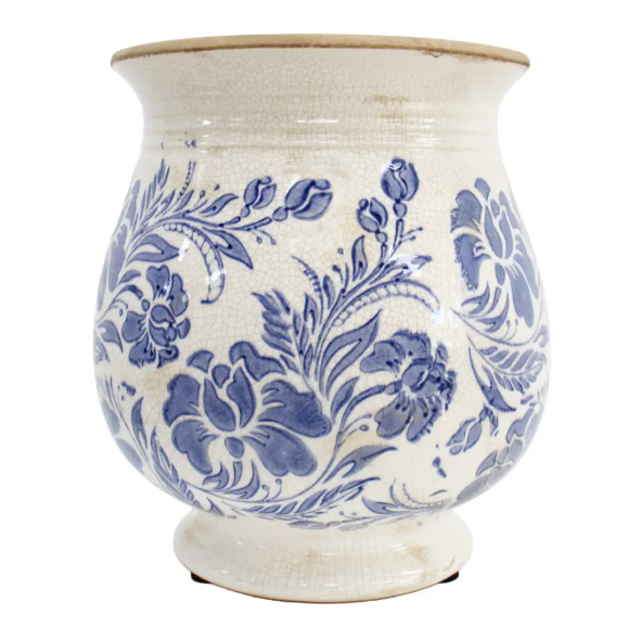 Vintage Blue ceramic planter vase with aged ivory crackle finish and blue floral pattern.