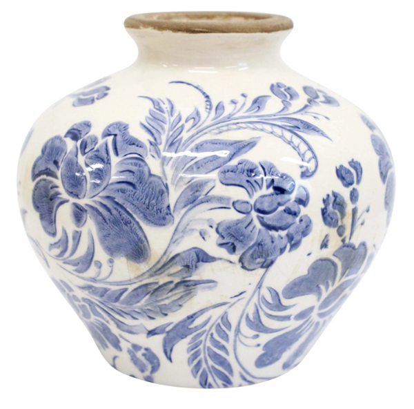 Vintage Blue ceramic bud vase with blue floral detailing and softly aged ivory finish