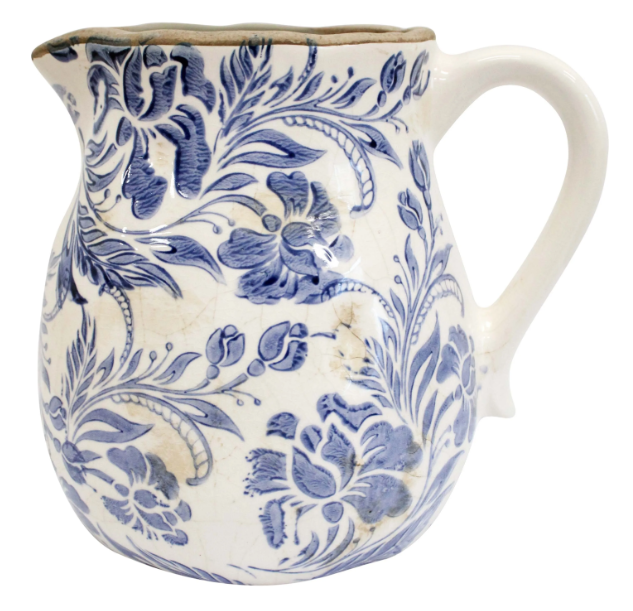 Vintage Blue ceramic jug with blue floral detailing and an aged ivory finish