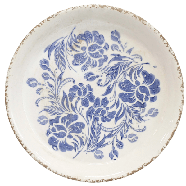 Vintage Blue Floral Decorative Plate 23.5cm with distressed rim and blue floral ceramic design