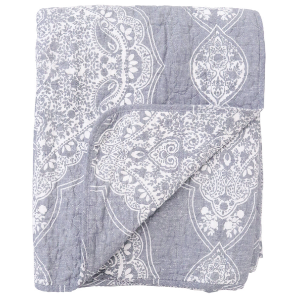 Vintage Paisley Bedspread Grey and White 200 x 230cm with quilted cotton outer and ornate floral medallion pattern.