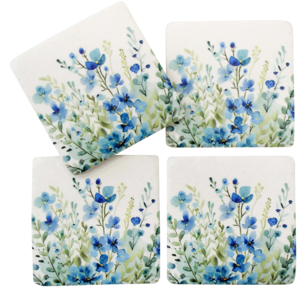 Set of 4 Water Colour Garden resin coasters with blue watercolour flowers and green foliage