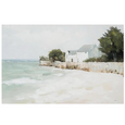 Whispers of the Coast Wall Art featuring a white seaside cottage and soft aqua coastal landscape