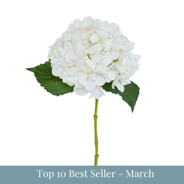 White artificial hydrangea stem with full bloom and green leaves with “Top 10 Best Seller – March” text.