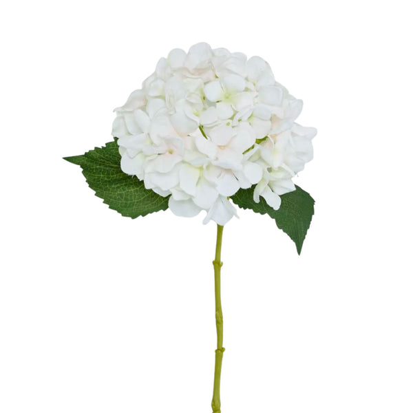 White artificial hydrangea stem with full bloom and green leaves