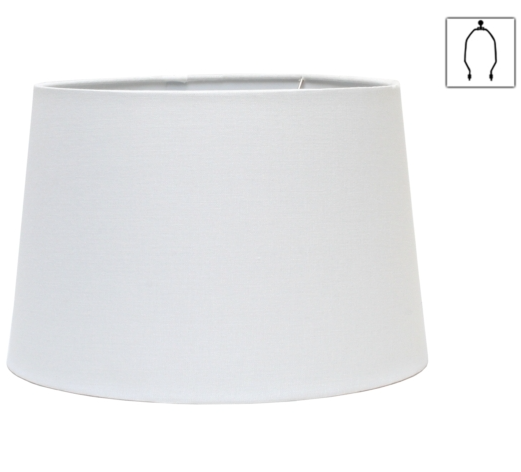 White tapered lamp shade with top ring fitting, measuring 42cm wide and 26cm high.