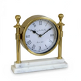 White Marble & Gold Column Mantel Clock 24cm featuring a round white Roman numeral clock face, polished gold columns and a solid white marble base.