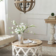 Close-up detail of the weathered white lattice base and natural whitewashed timber tabletop