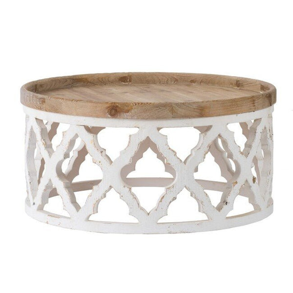 Whitewashed round coffee table featuring a decorative lattice base and natural timber tabletop in a Hamptons-style living room