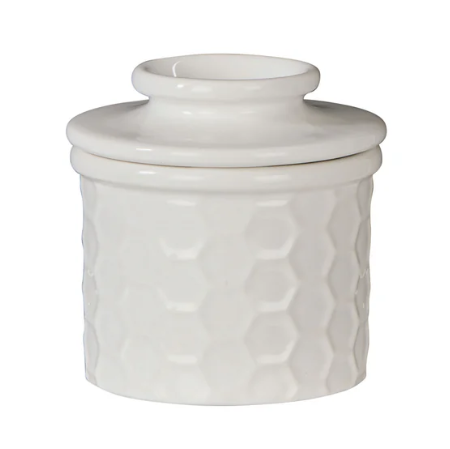 Wildflower & Hive white butter bell with embossed honeycomb texture and lid