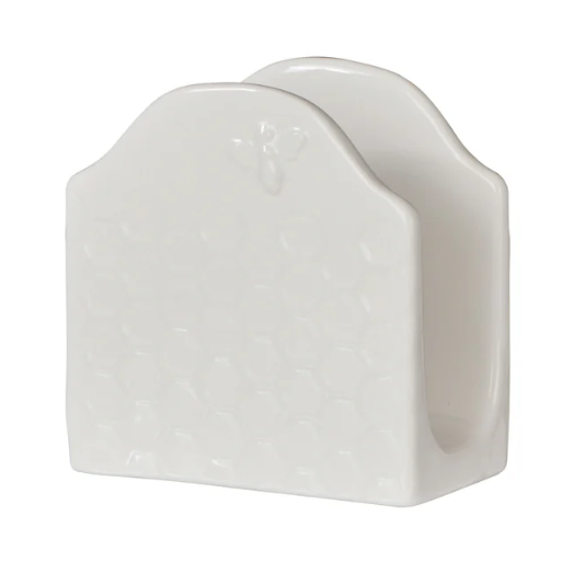 Wildflower & Hive Napkin Holder White featuring embossed honeycomb detailing and raised bee motif in a classic white finish.