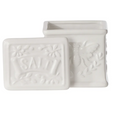 Open white ceramic salt cellar with embossed bee lid detail