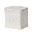 White bee-embossed ceramic salt cellar with decorative side detailing