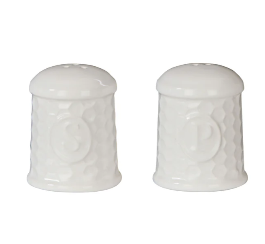 Wildflower & Hive white salt and pepper shaker set with embossed honeycomb texture