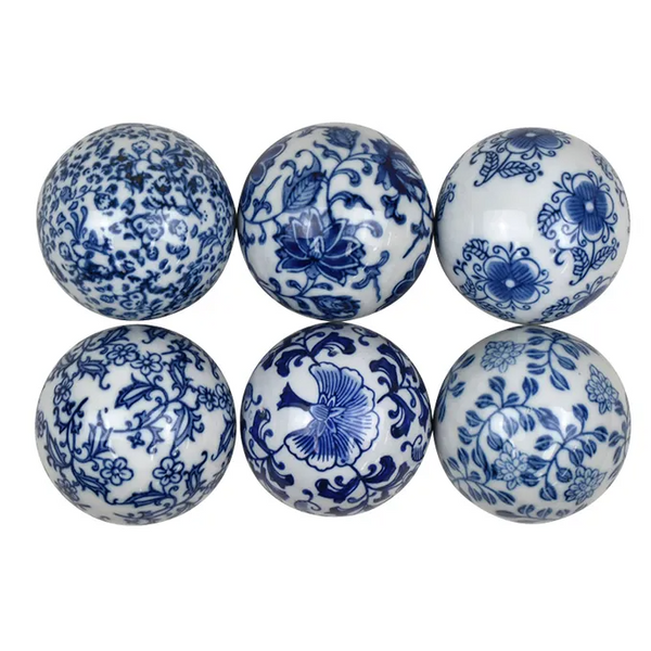 Willow Blue & White Ceramic Decor Balls Set of 6 featuring assorted floral and botanical patterns.