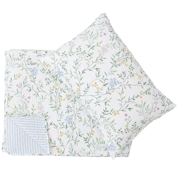 Willow Garden botanical coverlet set with delicate wildflower print and pastel floral details