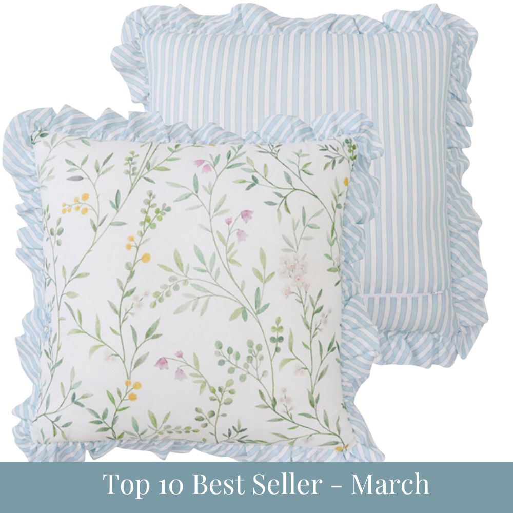 Willow Garden ruffle cushion with soft botanical floral print and blue striped frill edge