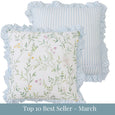 Willow Garden ruffle cushion with soft botanical floral print and blue striped frill edge
