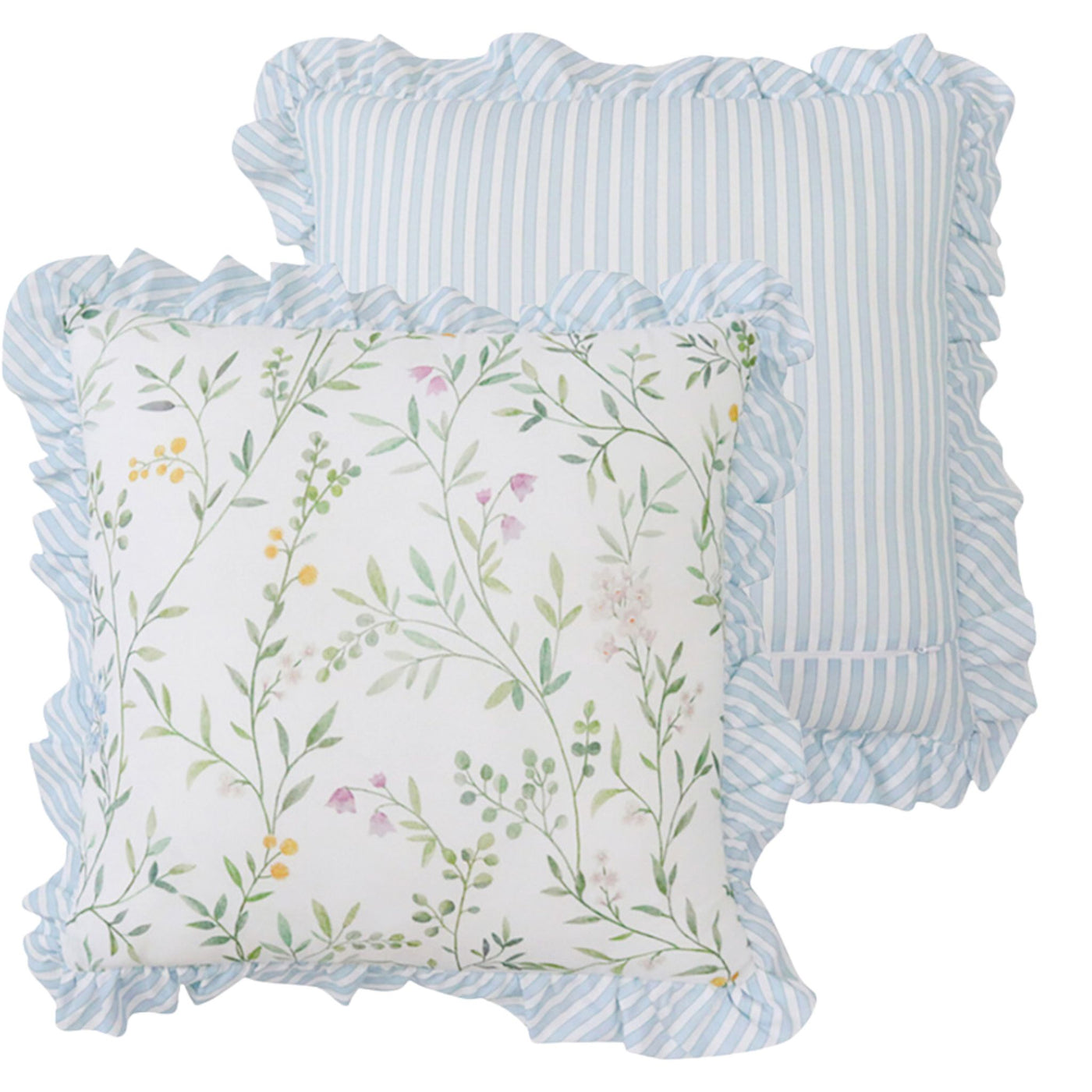 Willow Garden cushion reverse showing blue and white striped back design with ruffle trim