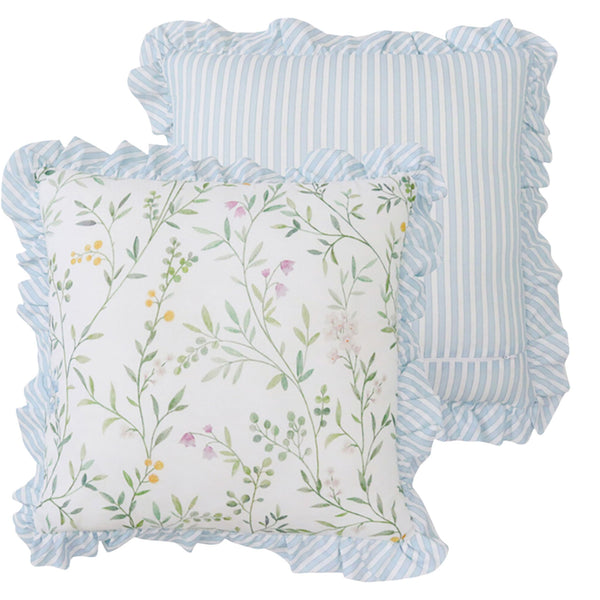 Willow Garden cushion reverse showing blue and white striped back design with ruffle trim