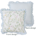 Willow Garden ruffle cushion with botanical floral print and blue striped ruffle edge