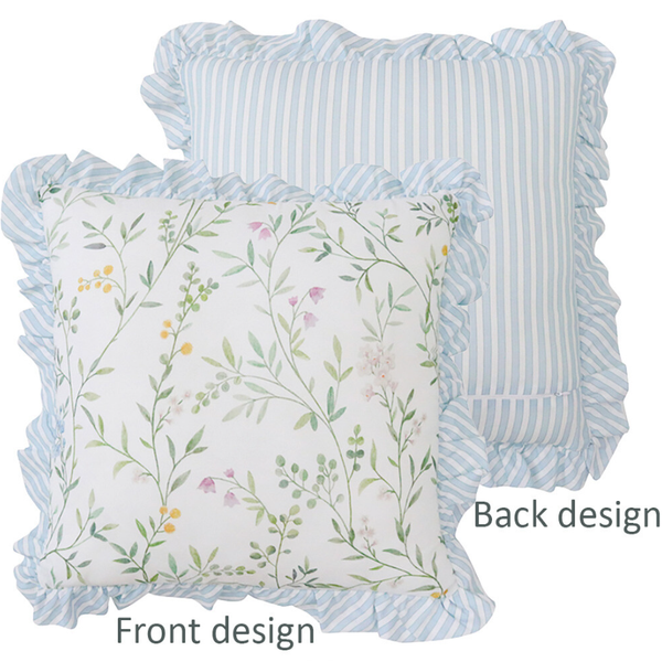 Willow Garden ruffle cushion with botanical floral print and blue striped ruffle edge