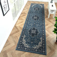 Windsor Blue and Navy Hallway Runner styled on herringbone timber flooring in a light-filled entryway