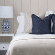 Side view of Winton blue and white ceramic table lamp with classic jar silhouette
