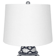 Close-up detail of geometric blue and white ceramic base on Winton table lamp