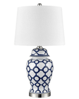 Winton Jar Shaped Table Lamp Small with blue and white geometric ceramic base and white shade
