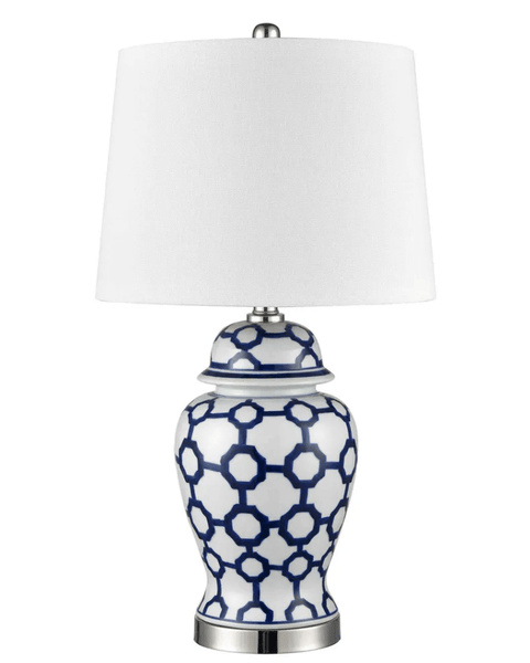 Winton Jar Shaped Table Lamp Small with blue and white geometric ceramic base and white shade
