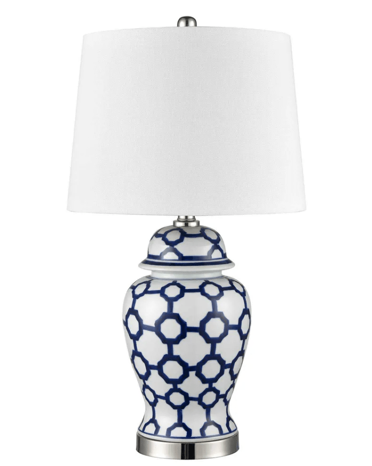 Winton Jar Shaped Table Lamp Small with blue and white geometric ceramic base and white shade
