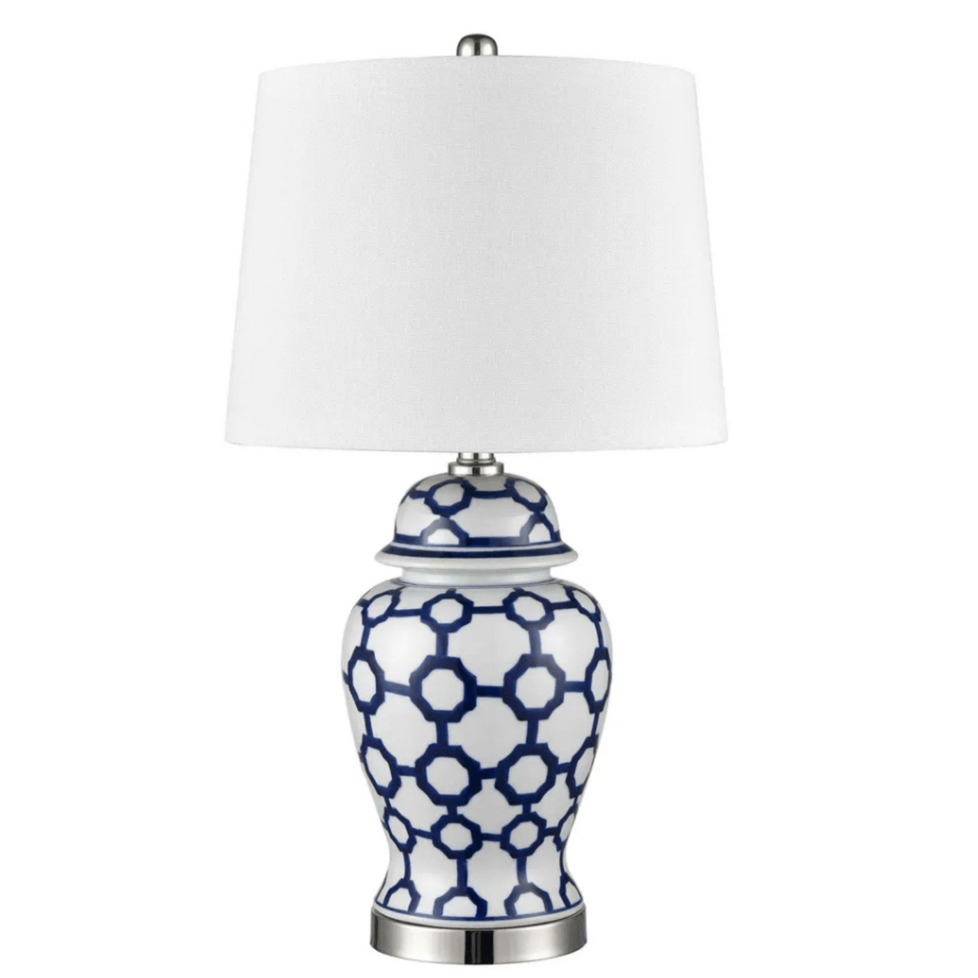 Winton Jar Shaped Table Lamp Small with blue and white geometric ceramic base and white shade