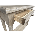 Elegant hallway console table with rustic detailing, ideal for styling artwork, lamps and home décor.